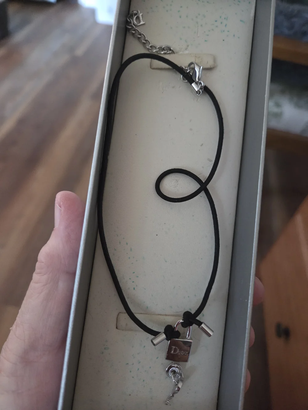Dior Black Cord Necklace with Silver Padlock and Key Charms